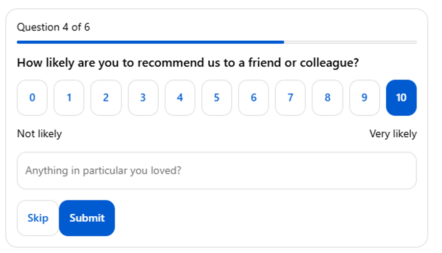 Customer-facing NPS question asking how likely are you to recommend us, from 0 to 10